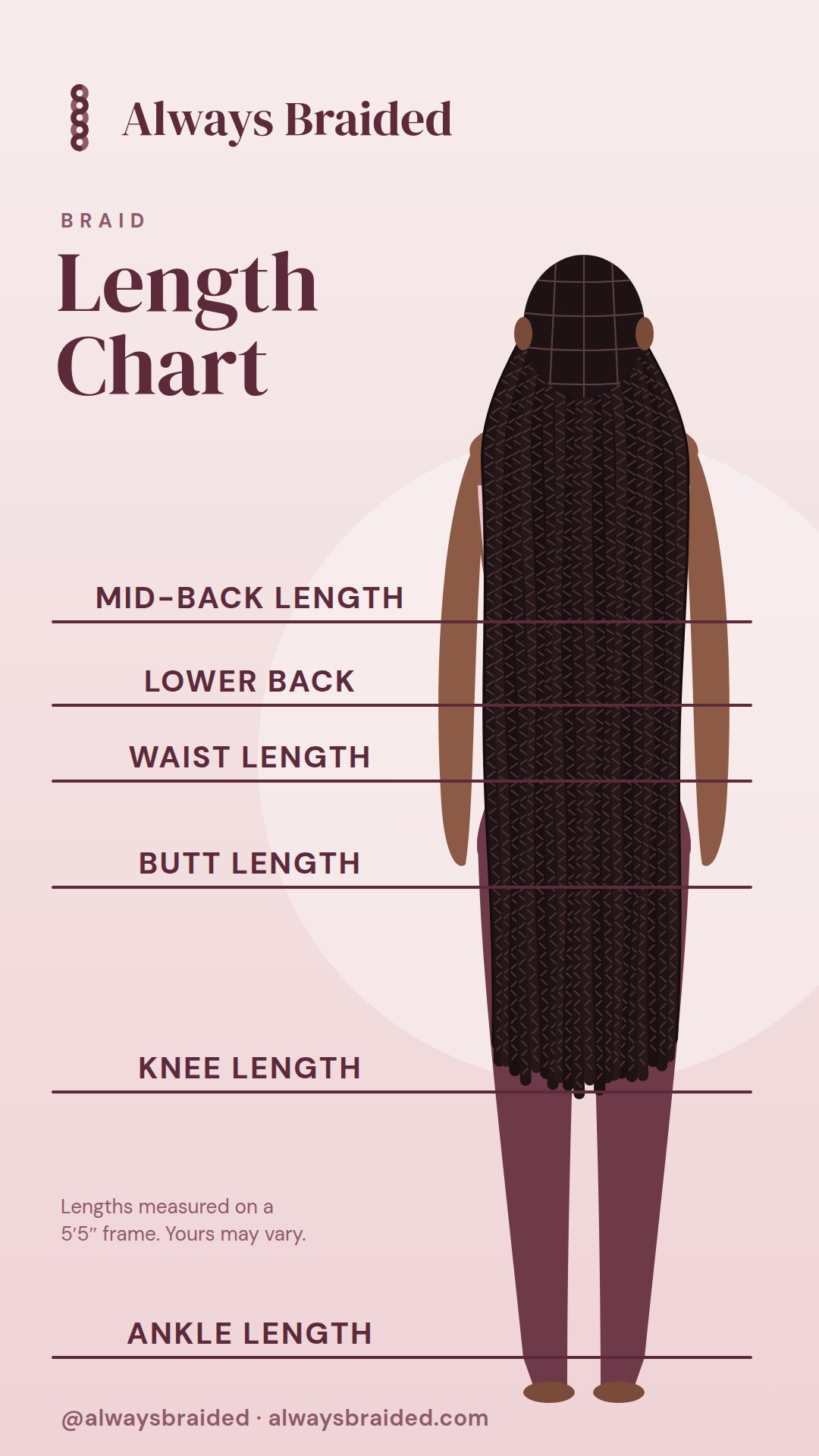 Always Braided braid length chart: mid-back, lower back, waist, butt, knee and ankle length